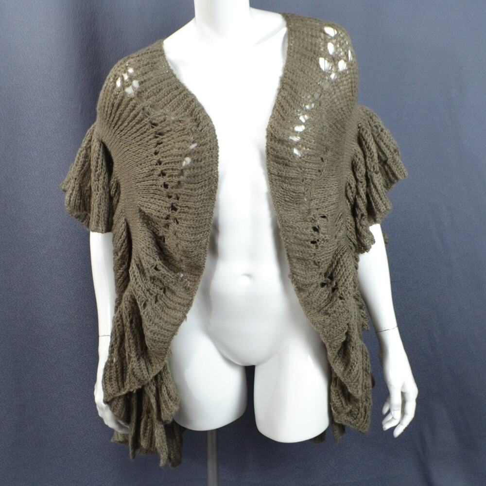 Mystree Cardigan Size Small Medium Brown Asymmetric Boho Open Knit Short Sleeve